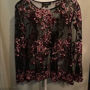 Karen Kane Sheer Black and Burgundy Floral Blouse